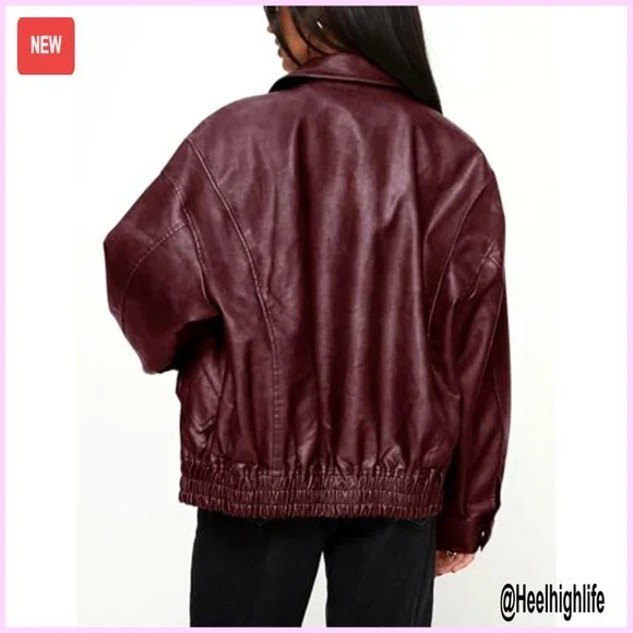 Oversized Faux Leather Motorcycle Jacket, Zip Up Winter Coat, Women's Outerwear - Picture 2 of 7